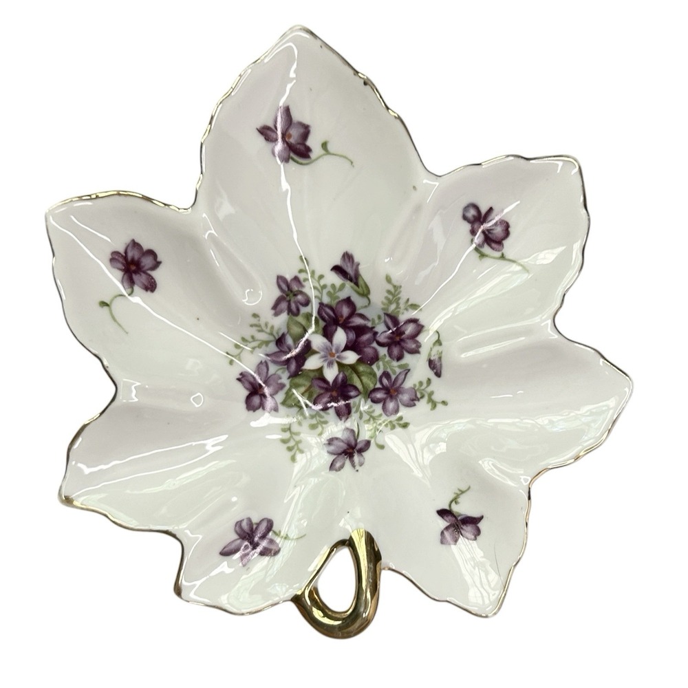 Vintage LEFTON Violet Hand Painted Leaf Gold Trim Candy Dish Trinket Plate 6.75"